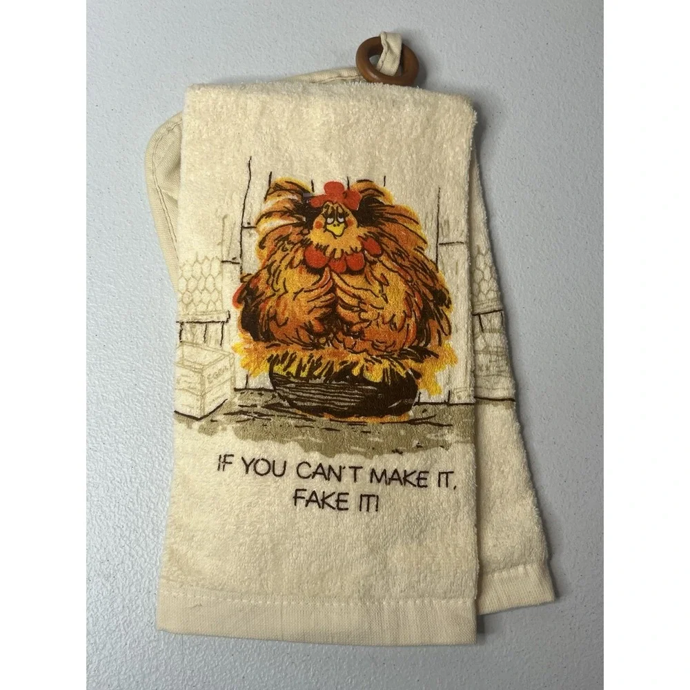 Vtg Kitchen Towel 3‎ Pc Set MCM Chicken Rooster Humor Potholder Dish Cloth